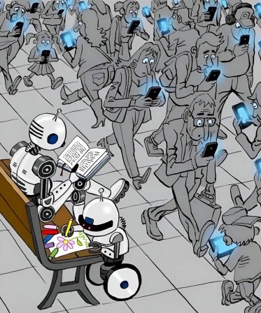 deux robots exercent calmement leur intelligence artificielle en lisant et dessinant et lisant sur un banc public tandis qu'une armée de zombies humanoïdes passent sur le trottoir le nez rivé sur leur &amp;quot;smartphone&quot;