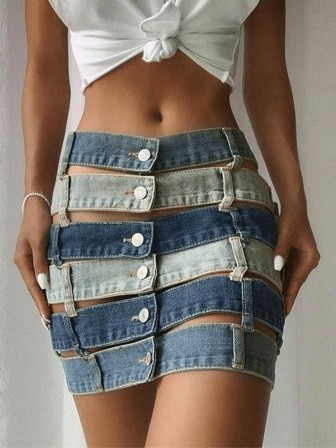 Bandage Cutout Denim Mini Skirt Blue jupe en ceintures