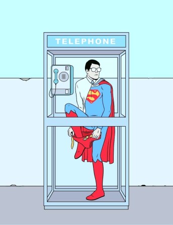 dans une cabine téléphonique, Superman enfile un slip par dessus son costume