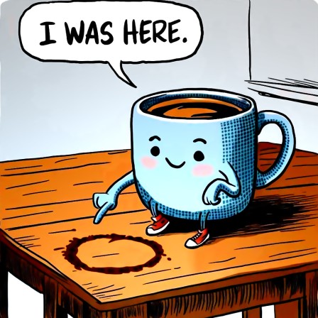 une tasse de café anthropomorphe contemple avec émotion la trace laissée par son cul sur la table de bois en déclarant &amp;quot;I was here&quot; (j'y étais