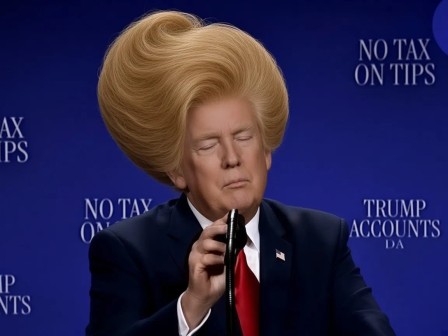 Donald Trump chante Oh mamy blue taxes mise en plis laque coiffure dans les vent contre vents et marées