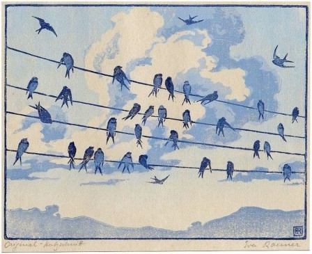 Eva Roemer gravure sur bois hirondelles sur les fils du téléphone oiseau