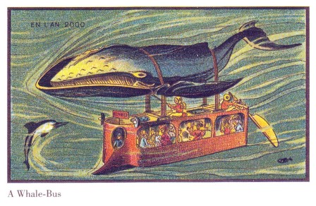 A Whale-Bus. Illustration on paper card by Jean-Marc Côté, made in 1899 for the series En L'An 2000 (In the Year 2000), which imagined possible scientific advances of the twentieth century