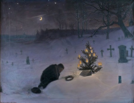 une ombre creuse dans un cimetière à la lumière des guirlandes d'un petit sapin de Noël