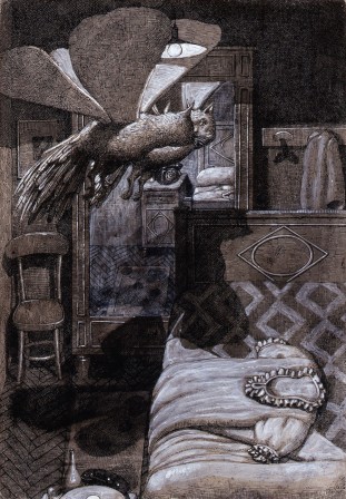 Domenico Gnoli (Italian, 1933-1970, b. Rome, Italy) - The Bat Cat 1967  Drawings Pen + Ink chauve souris chat au plafond