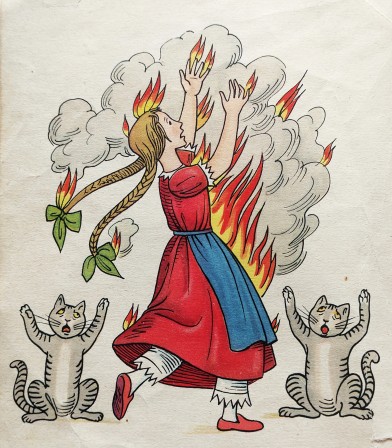 Heinrich Hoffmann illustration for German children’s book “Der Struwwelpeter” (‘Shock-Headed Peter’) chat feu manifestations mémoires d'une jeune fille en feu