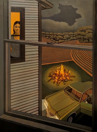John Roberts — Bonfire Night (oil and acrylic on wood panel, 2026) la nuit des feux de joie