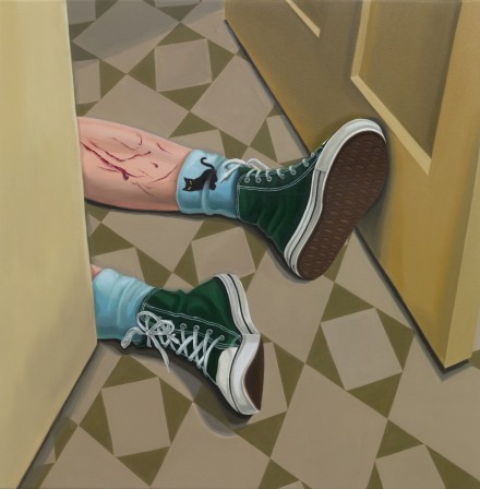 Minyoung Kim — Cat Sock (oil on canvas, 2024) chaussettes chat