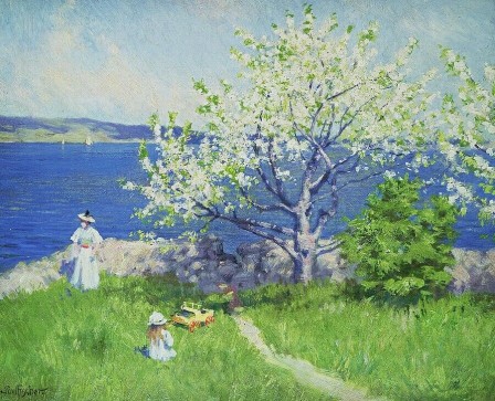 Paul Gustav Fischer A Fjord Near Oslo mer et arbres en fleurs au printemps Pâques au Danemark
