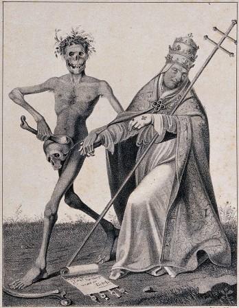 The dance of death at Basel death and the Pope. Lithograph by F. Hasler after H. Hess. Death’s delighted face seems to say, “I got a big one this time.” Wellcome Collection la danse de la mort et du pape