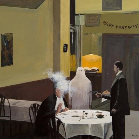 sous une banderole Happy New Year, en présence d'un fantôme, un homme debout tire avec une arme de poing sur un client attablé dans un restaurant