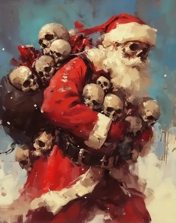 un squelette costumé en père Noël porte une hotte remplie de crânes humains et une pleine brassée de têtes de morts