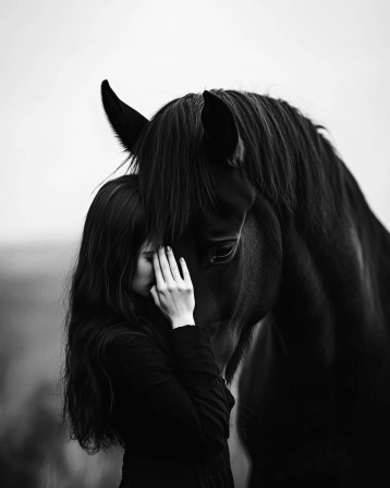 une femme brune, la tête appuyée sur celle d'un cheval, sa main cache son visage