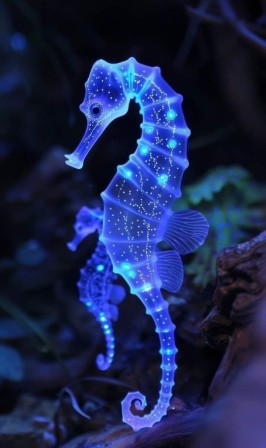 hippocampes en bleu semblant bioluminescents