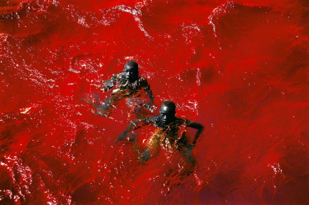 Swimming in Crimson  - Two boys contrast against the surreal red of Lake Retba, a natural marvel in Senegal known for its vivid hue. le passage de la mer rouge